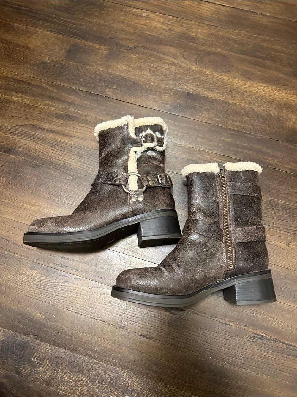 Steve Madden Brixton -F bBrown Lined Distressed Leather Buckle Moto Boots size 6 - Picture 3 of 7